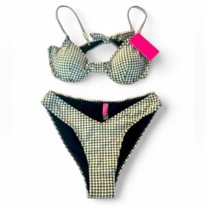 NWT Betsy Johnson Bikini Set Underwire Push Up Plaid Gingham Black White XL NEW
